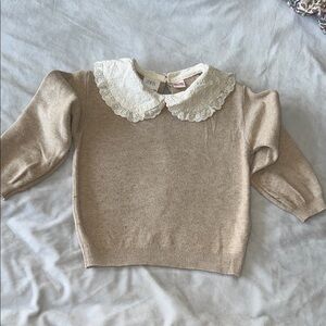 Zara Beige Knit Top with White Lace Collar